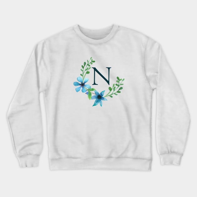 Floral Monogram N Pretty Blue Flowers Crewneck Sweatshirt by floralmonogram